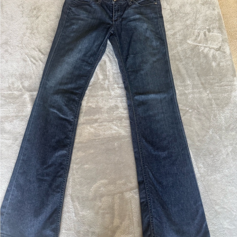 Tory Burch Habitual Jeans Women Dk Wash Blue Bootcut Mid Rise TB Logo Back pkts